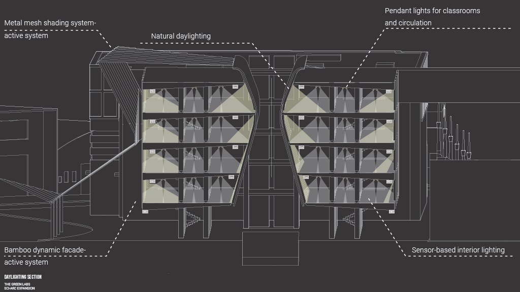 Daylight distribution through the section, showing light reaching the lower levels