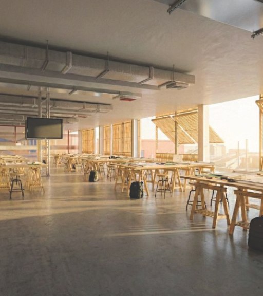Interior render: open drafting studio with trestle desks, exposed services and bamboo mesh cladding at the windows