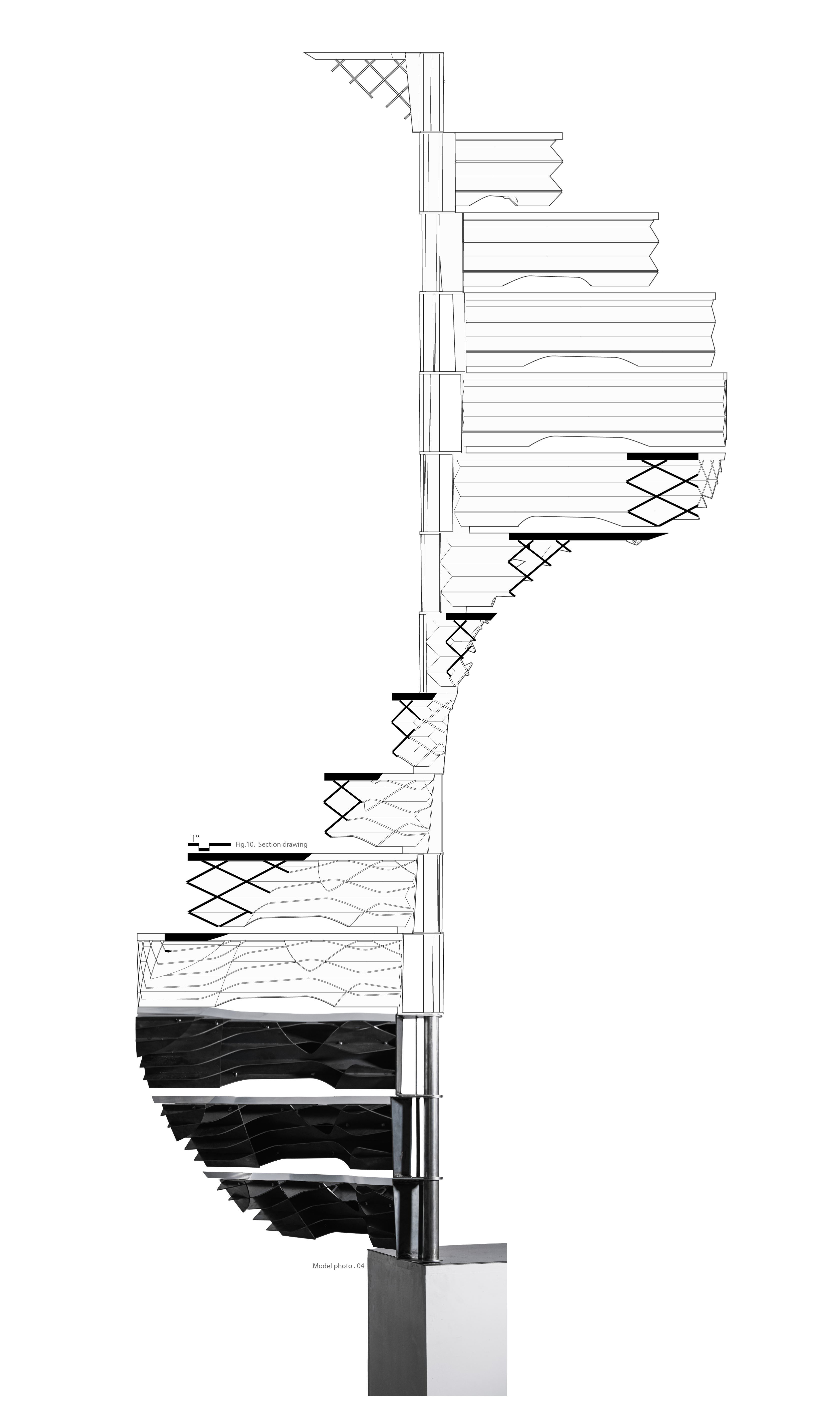 Full section drawing spiral staircase