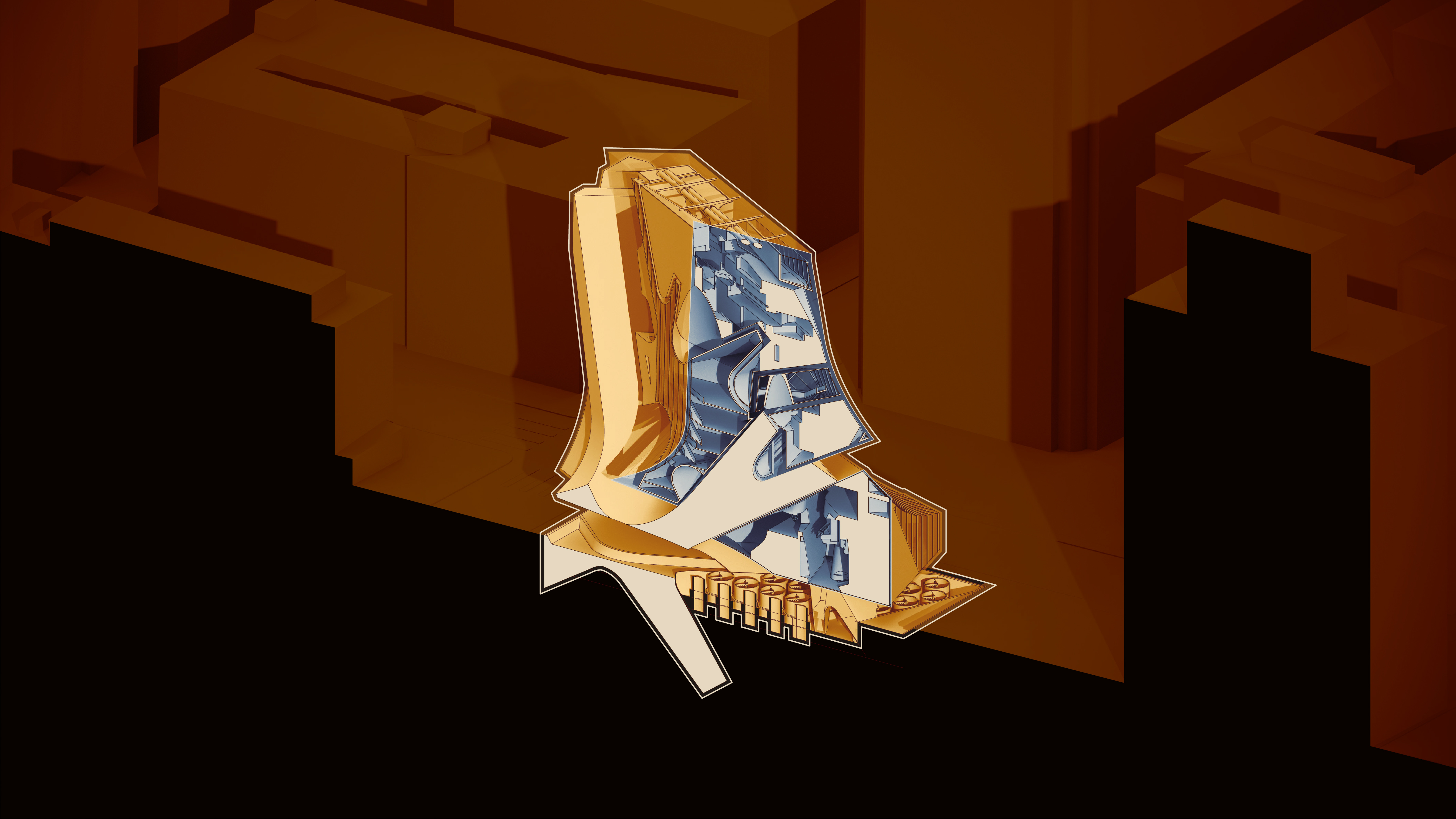 Massing model suspended form touching down at key structural points