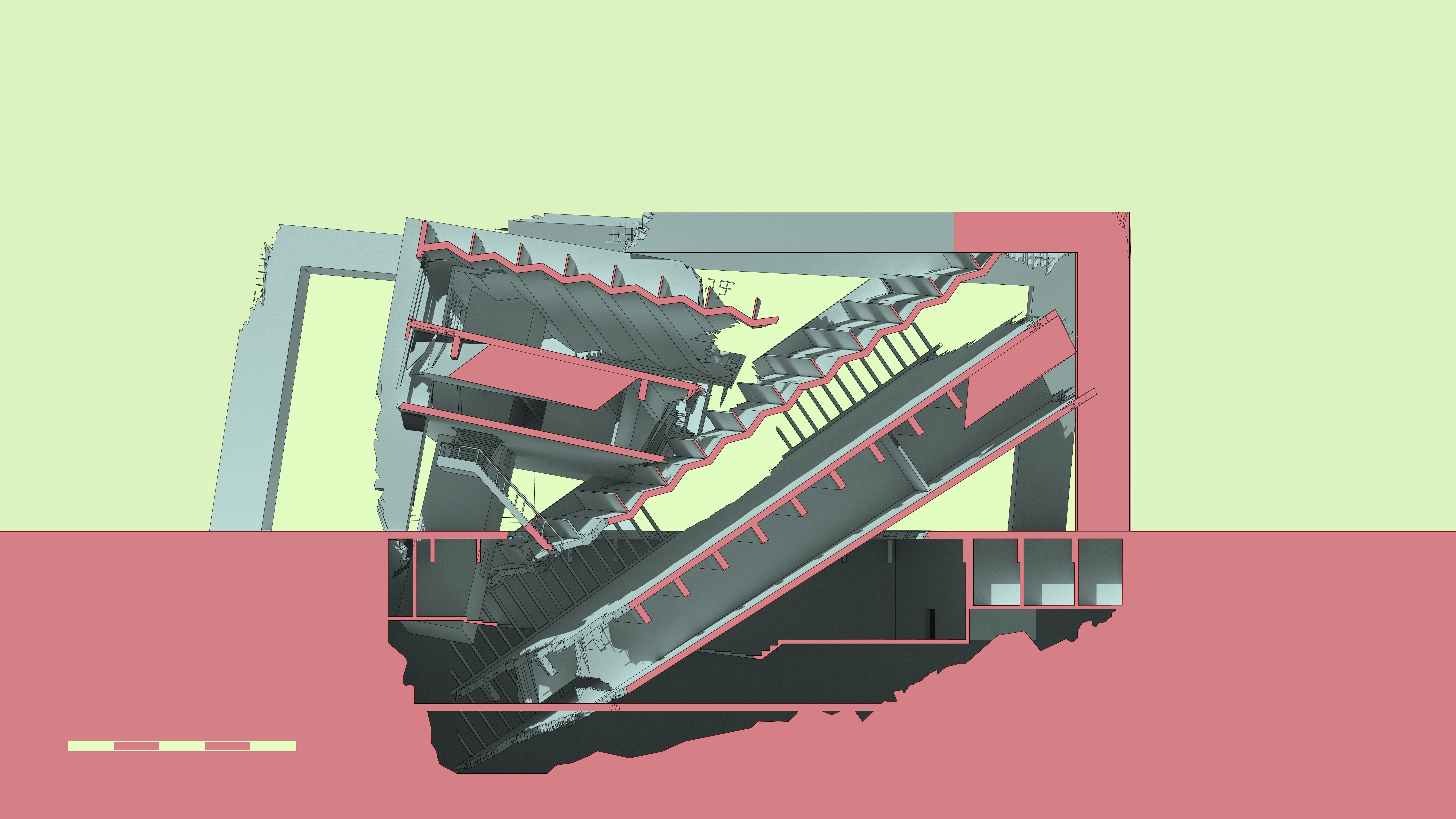 Section drawing collapsed MASP structure showing blast displacement
