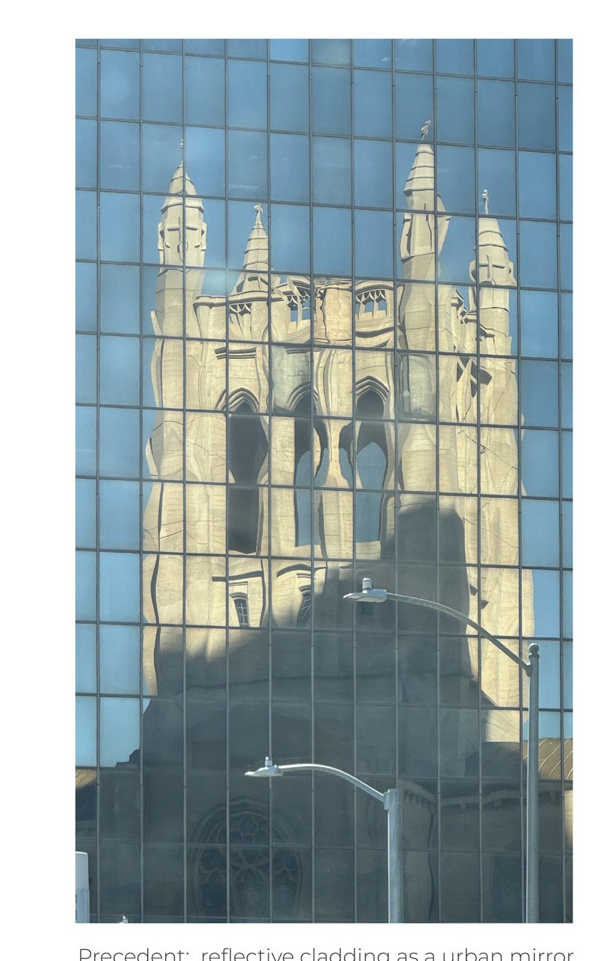 Precedent — reflective glass cladding acting as an urban mirror