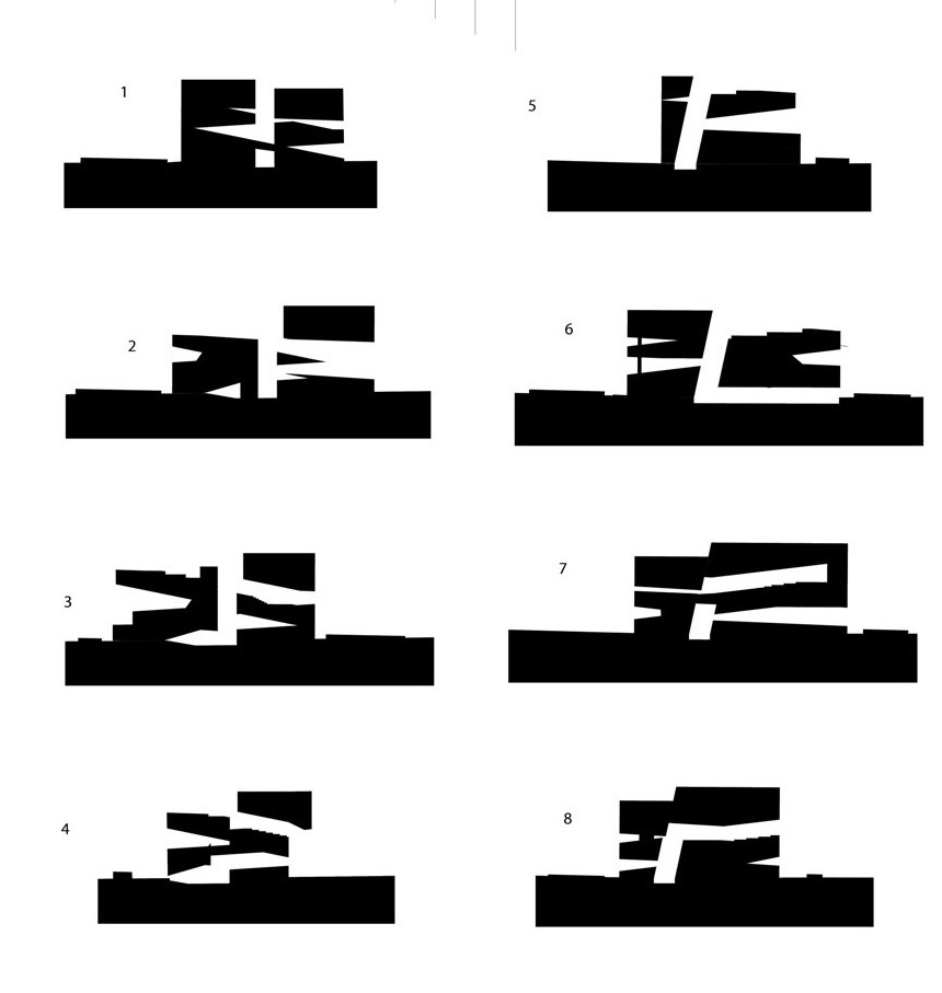 Massing study sequence — iterative subtraction diagrams of the city block