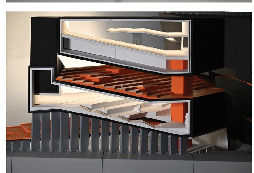Sectional model — interior strata and orange circulation seam