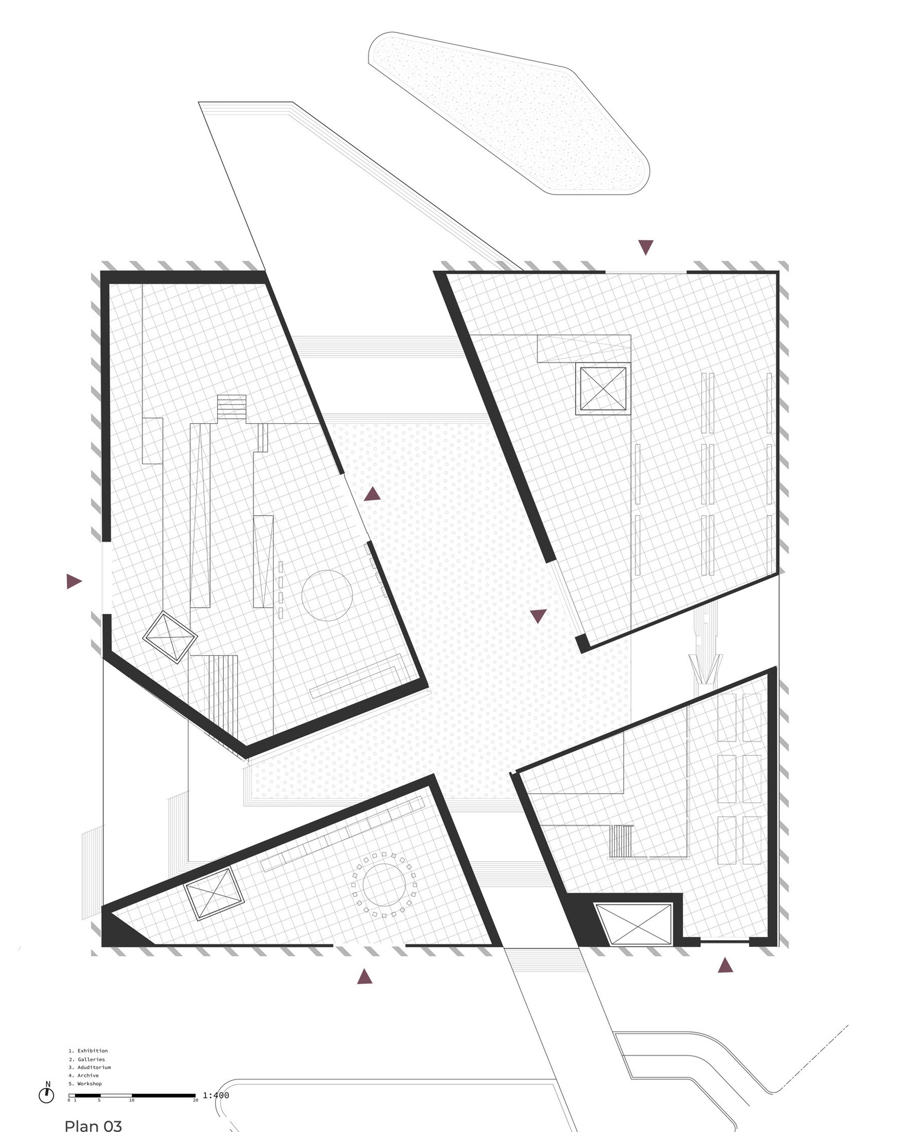 Plan 03 — upper level gallery plan of the four angular volumes