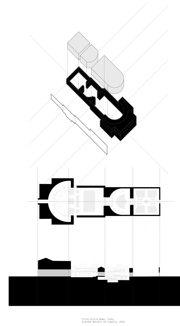 Precedent study — plan, section, and massing decomposition of Villa Giulia, Rome (Vignola)